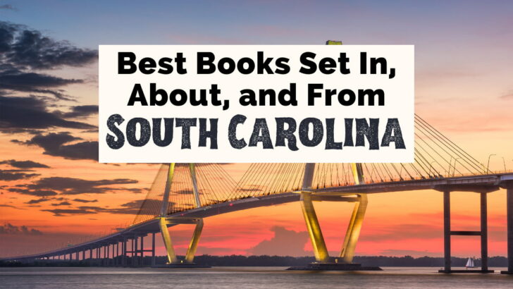 South Carolina Books Featured image with photo of bridge over water with orange and yellow sunset and text that says, 