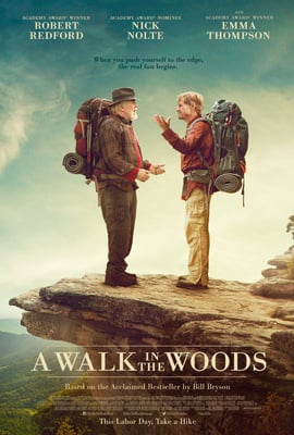 A Walk In The Woods Movie Poster with two white men standing with backpacks on a rocky ledge