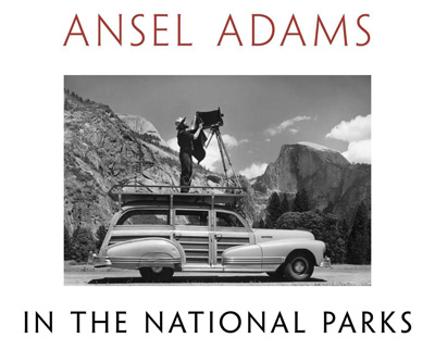 Ansel Adams in the National Parks Coffee Table Book with black and white image of car with old camera and person on top taking a photograph