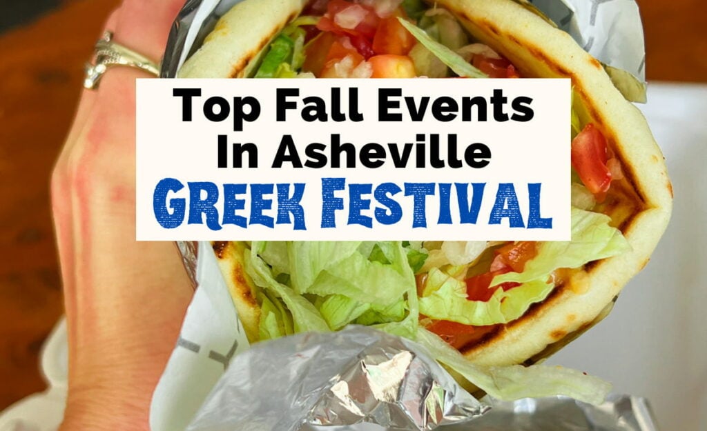 Top fall events in Asheville Greek Festival Guide featured image of Gyro in wrapper with falafel, lettuce, and tomato held up by white hand