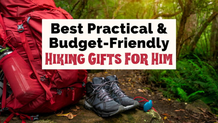 Best practical and budget-friendly hiking gifts for him text on featured article image with red hiking backpack, water bottle, hiking shoes, and hiking poles in green forest with brown dirt
