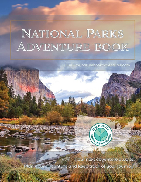 National Parks Adventure Book cover with image of beautiful mountains behind body of water and clouds in sky