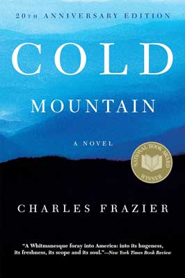 Cold Mountain by Charles Frazier book cover with blue hued mountains over darkened landscape