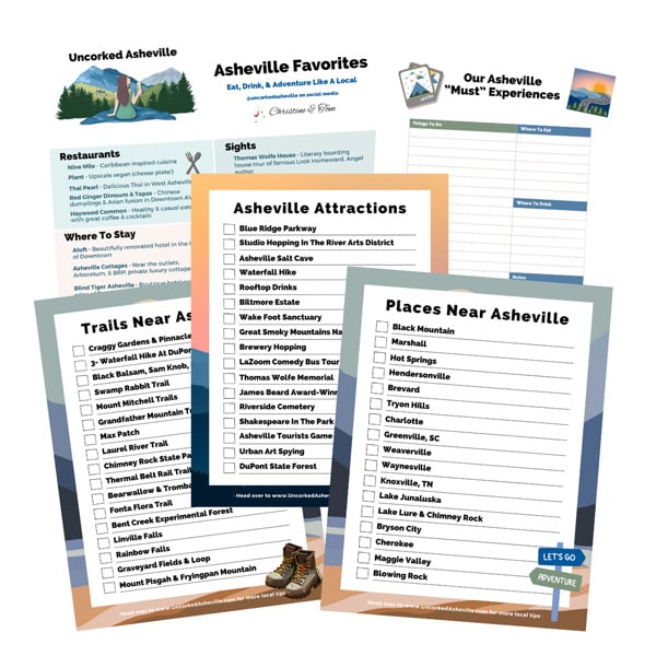 Image of PDFs if you sign up for the newsletter with sheets that say Asheville Favorites, Hikes Near Asheville, Asheville Attractions, and Trails near Asheville