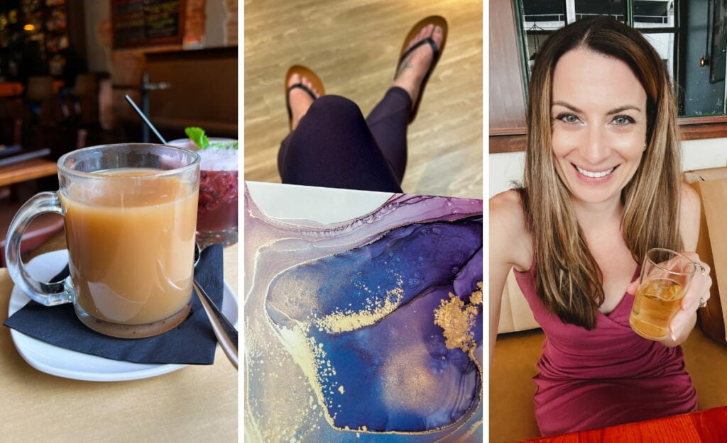 Featured Living In Asheville With IBD Guide photo collage with bone broth soup in glass cup, laptop on lap in GI infusion room, and Christine, a white brunette female with blonde highlights, wearing a pink dress drinking hard cider