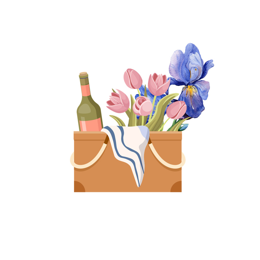 Icons with picnic basket with wine, napkins and pink and purple flowers