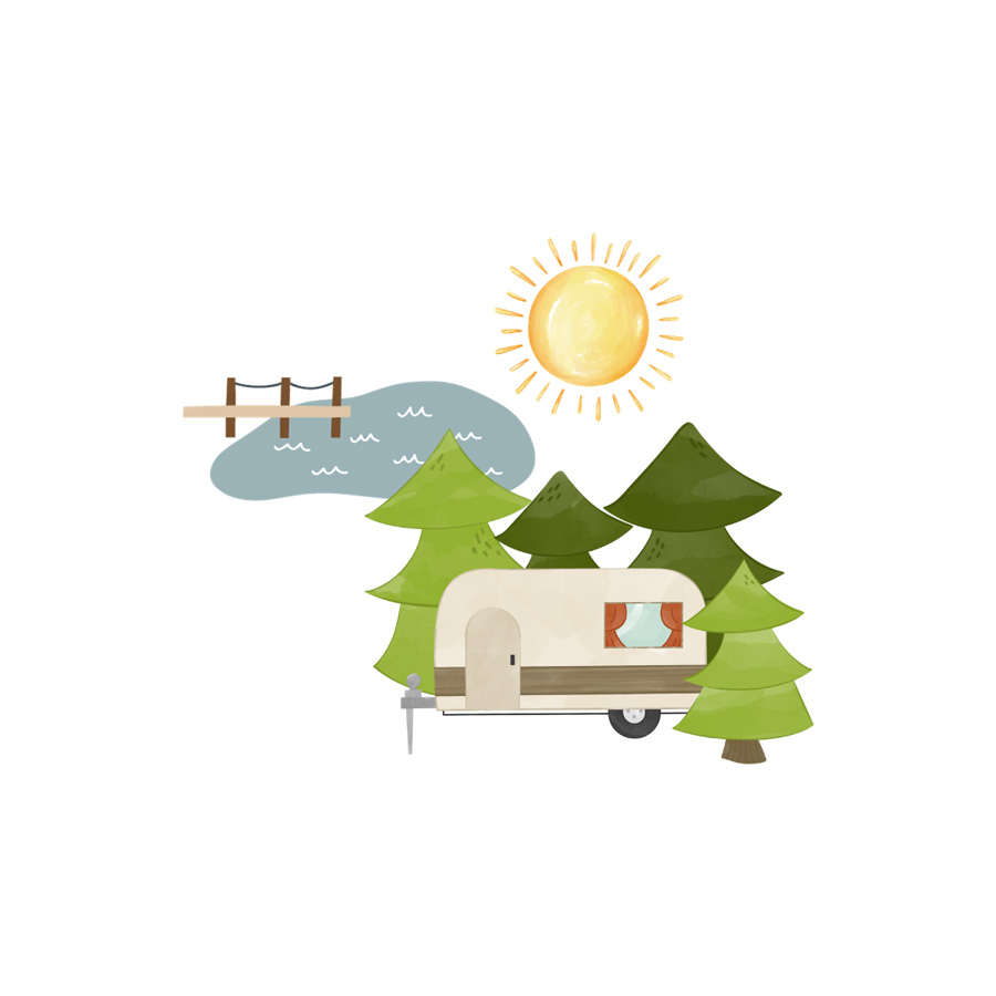 graphics with green trees, camper, yellow sun, and blue lake with dock