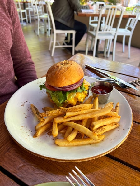 Gluten-free cheeseburger with fries on plate in front of Tom at Roost Restaurant in Greenville, SC