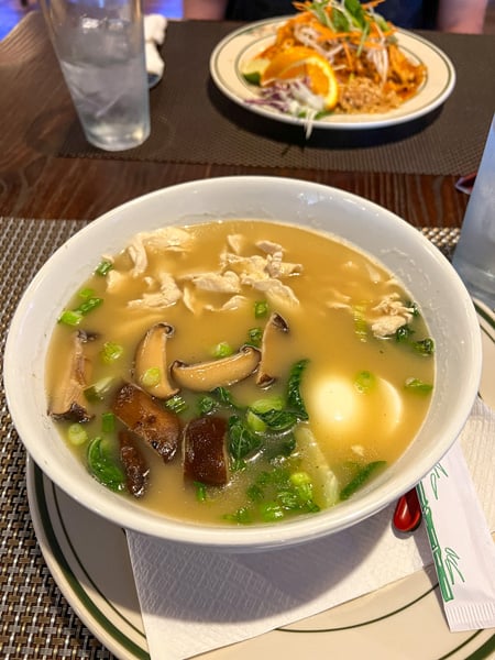 Soup with chicken, eggs, noodles, and mushrooms from Suwana Asian Cuisine in Waynesville, NC