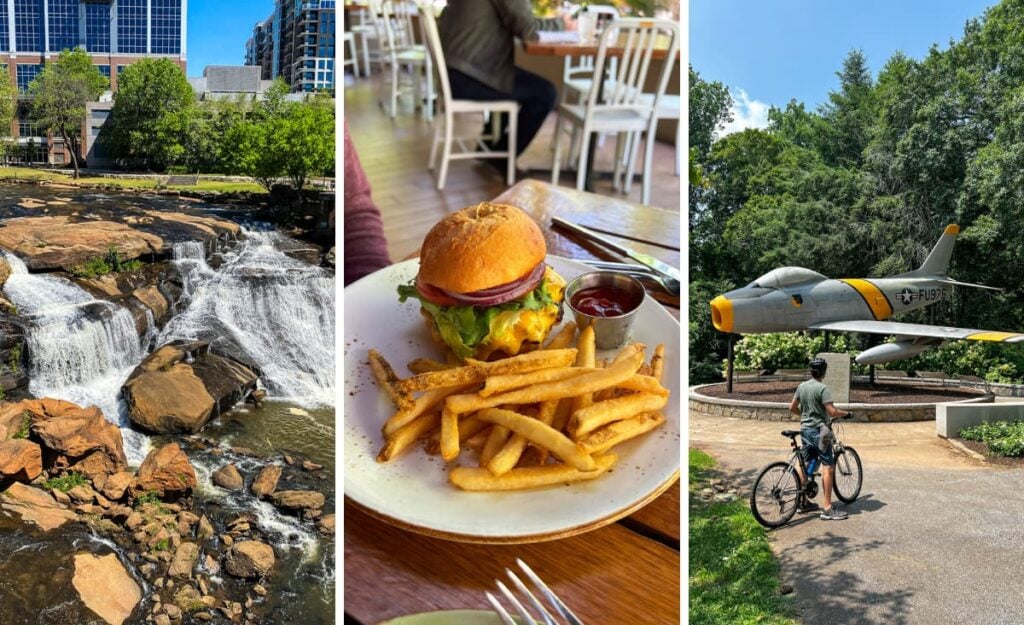 Weekend In Greenville, SC Collage with three photos; the first is Falls Park on the Reedy waterfalls with Downtown business buildings behind them. The middle photo is a cheeseburger with fries on a plate from Roost; the third is Tom, a white male on a bike, looking at a replica plane on the Swamp Rabbit Trail.