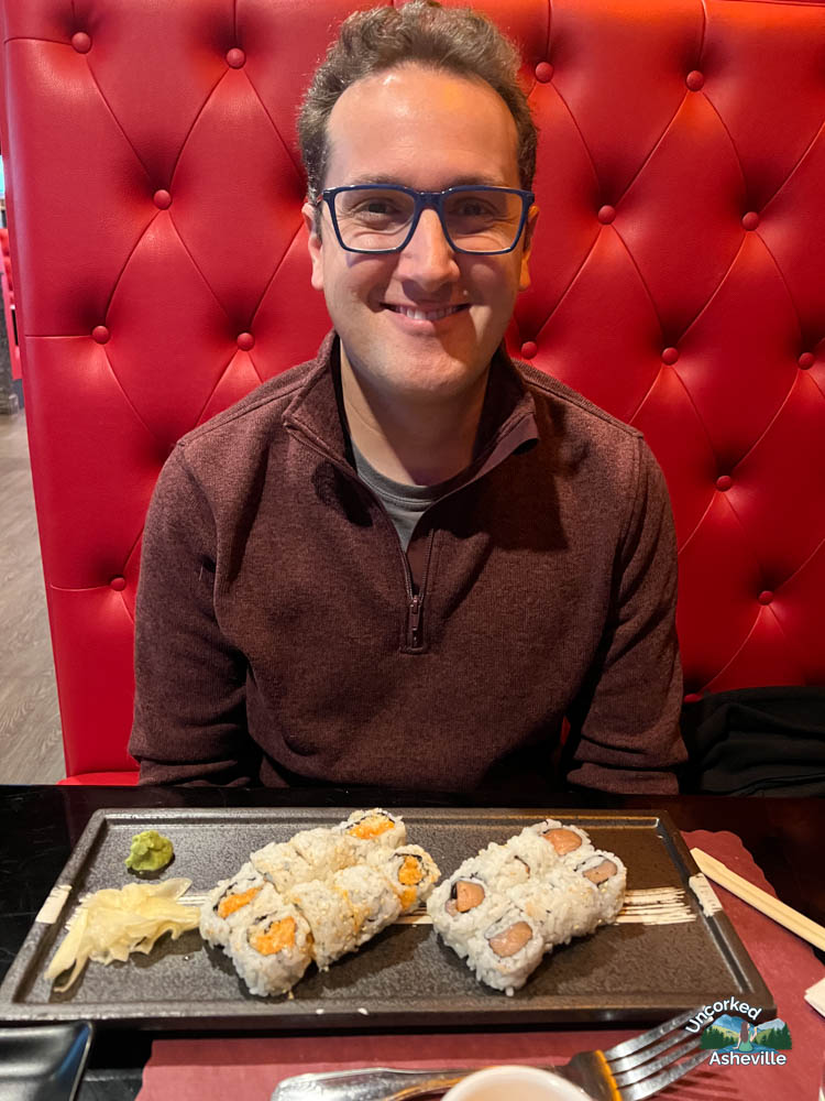 Tom eating Mr. Tea Asian Bistro Sushi lunch special Asheville NC
