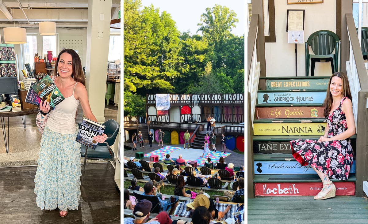 photo collage of bookstore, Shakespeare in the Park, and book stairs