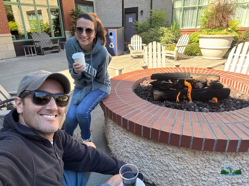 Us at Village Hotel fire pit Biltmore Estate Asheville NC