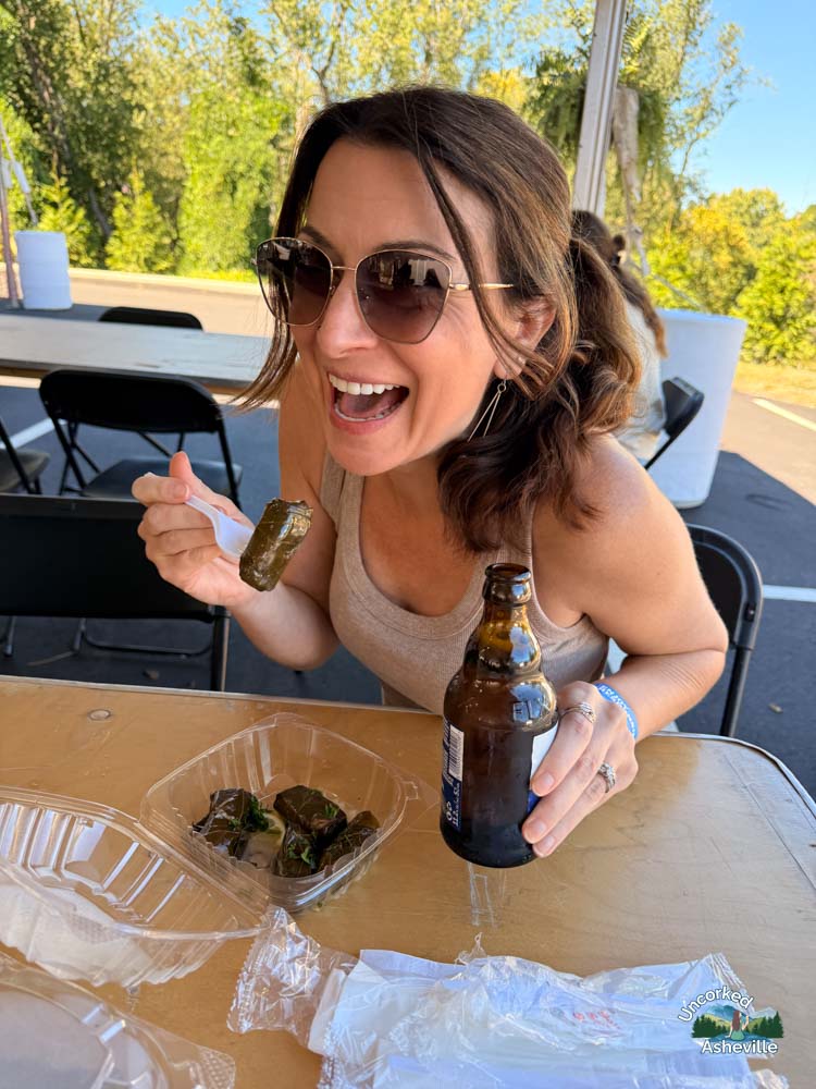 Christine with Dolmades and Beer Asheville Greek Festival NC