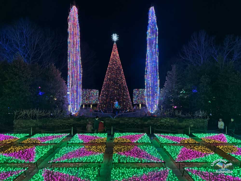 Winter Lights 50 foot tree Quilt garden NC Arboretum Asheville NC